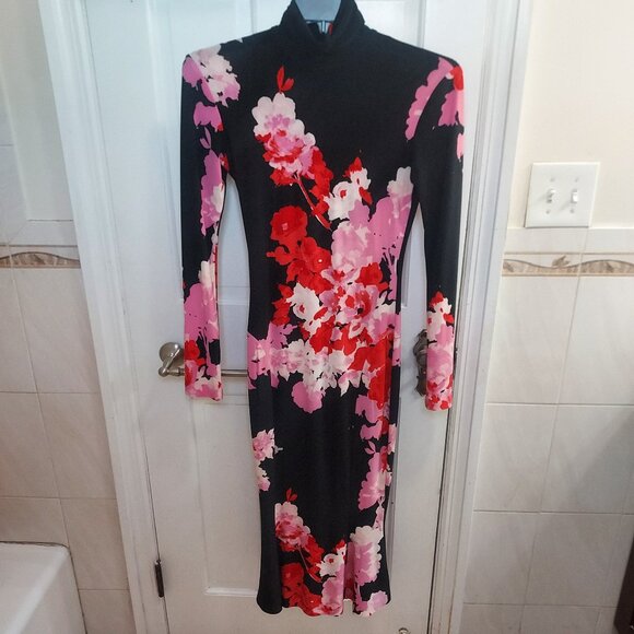 Norma Kamali Fishtail Midi Floral Black Turtleneck Dress - Picture 2 of 10